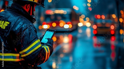 Firefighter using tablet emergency response city street night