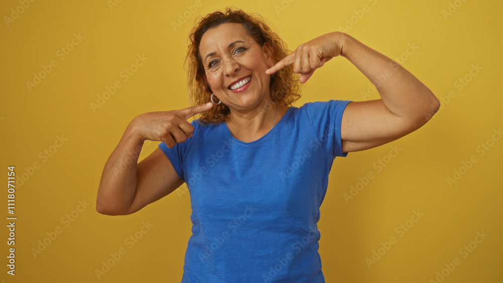 Beautiful hispanic woman with curly hair pointing at herself while standing in front of a yellow wall, wearing a blue shirt and smiling confidently. Beautiful hispanic woman with curly hair pointing at herself while standing in front of a yellow wall, wearing a blue shirt and smiling confidently.