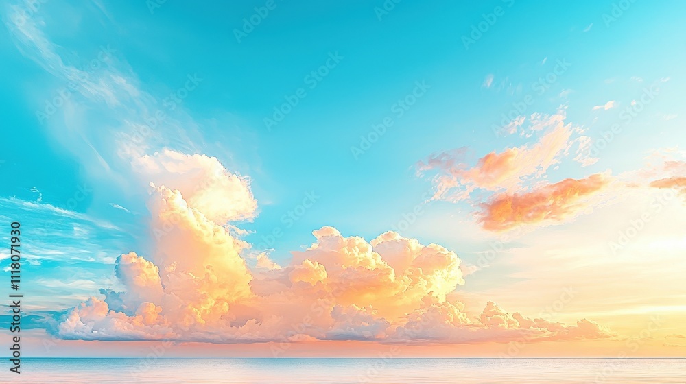 A serene sky filled with soft, colorful clouds at sunset, blending hues of orange and blue, creating a tranquil atmosphere.
