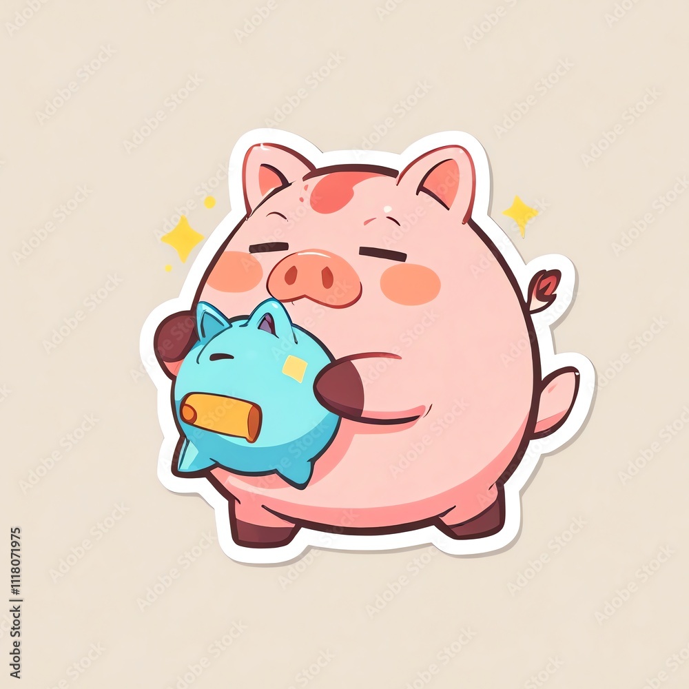 Adorable Piggy Hugging a Tiny Blue Piggy Bank