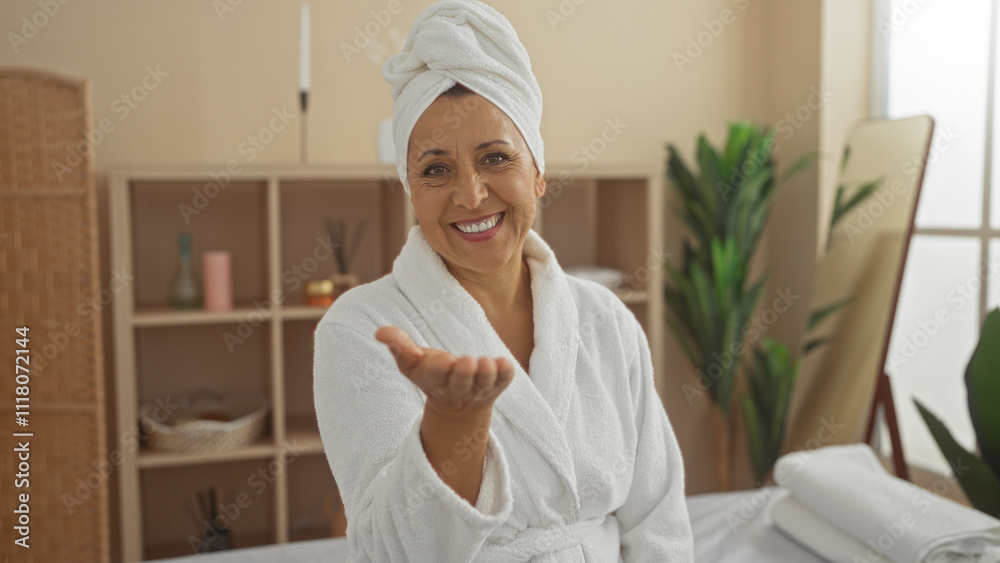 A beautiful hispanic middle-aged woman in a wellness center, wearing a bathrobe and towel, smiles warmly in an inviting spa interior. A beautiful hispanic middle-aged woman in a wellness center, wearing a bathrobe and towel, smiles warmly in an inviting spa interior.