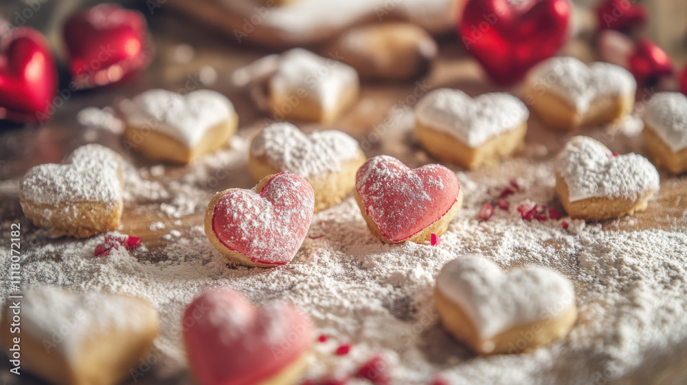 Delicious heart shaped cookies dusted with powdered sugar, perfect for Valentine Day Delicious heart shaped cookies dusted with powdered sugar, perfect for Valentine Day