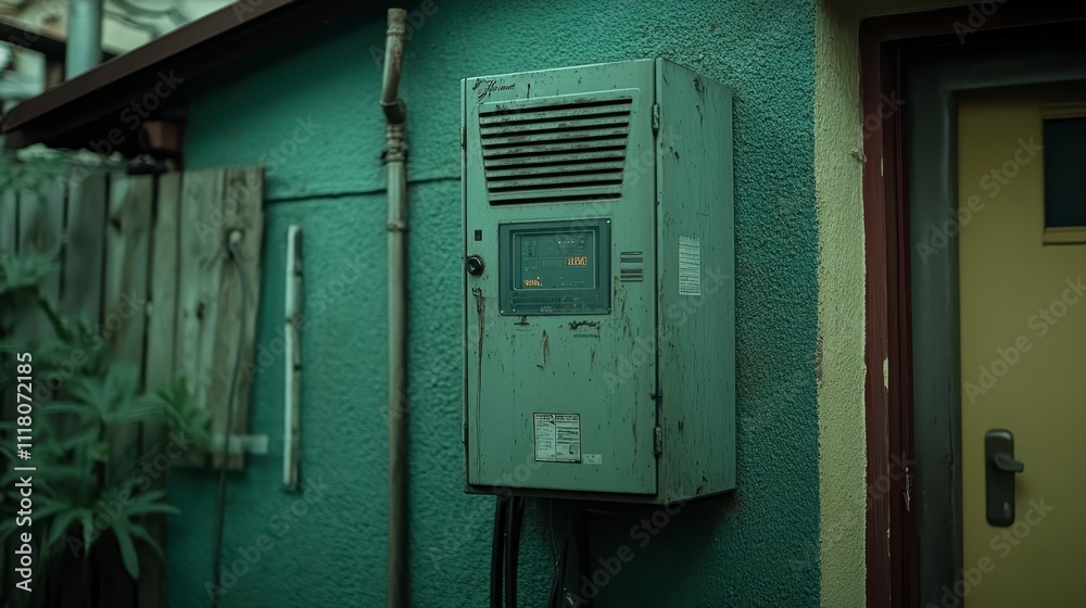 Old Electrical Box on Green Wall Outdoor Power Meter Industrial Building Exterior Old Electrical Box on Green Wall Outdoor Power Meter Industrial Building Exterior