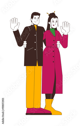 Fashionable chinese couple in winter outerwear waving hands 2D cartoon characters. Asian boyfriend girlfriend greeting isolated people flat vector on white background. Spot illustration colorful