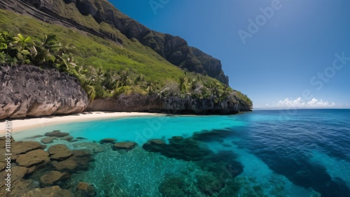 Remote Island with Towering Cliffs, Turquoise Lagoons, and Coral Reefs