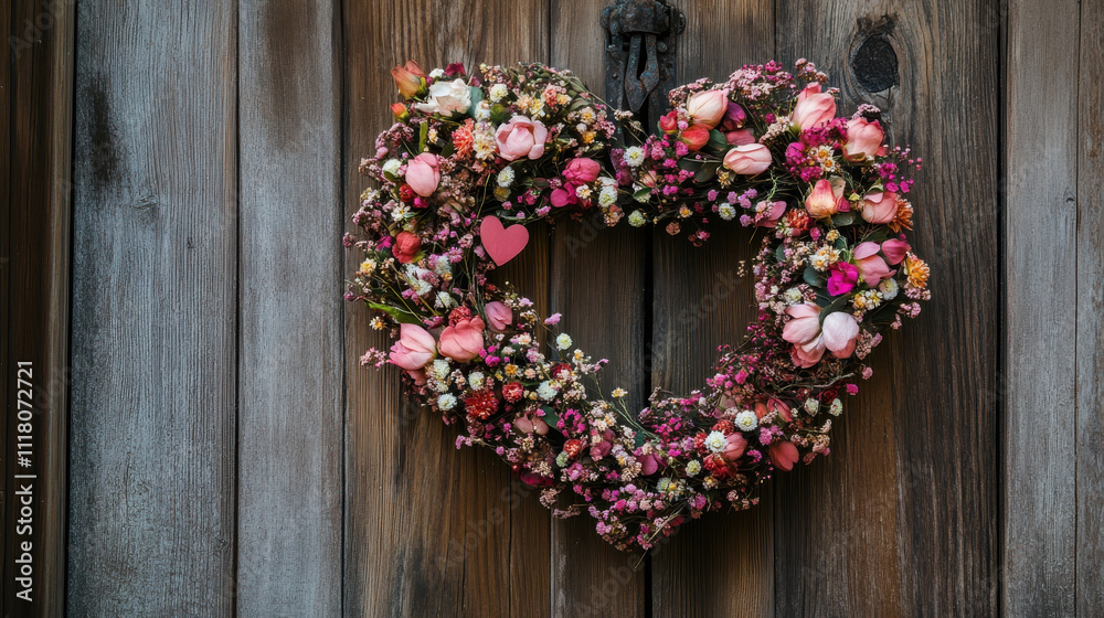 Heart shaped floral wreath with pink roses and dried flowers hanging on wood Heart shaped floral wreath with pink roses and dried flowers hanging on wood