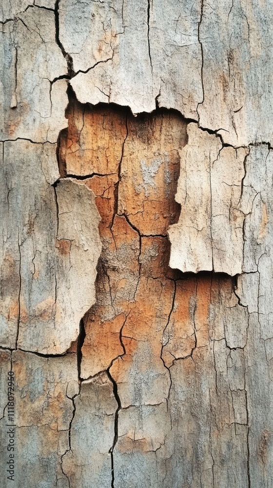 Obraz premium Close-up of cracked tree bark revealing textures and colors of natural wood.