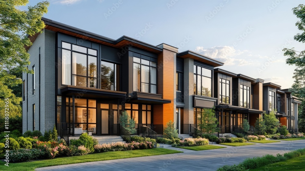 A row of modern condos with large windows, showcasing urban housing A row of modern condos with large windows, showcasing urban housing