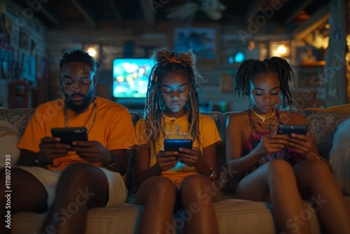 A family sitting together on a couch, each engrossed in their own device. The room is silent and disconnected, with a background showing a forgotten TV and board games, emphasizing the impact of socia