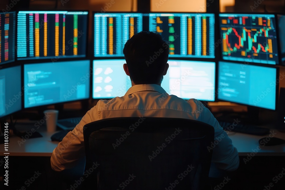 A lone stockbroker working late night in a dimly lit office, monitors glowing with stock market fluctuations, Stockbrokers screens market A lone stockbroker working late night in a dimly lit office, monitors glowing with stock market fluctuations, Stockbrokers screens market