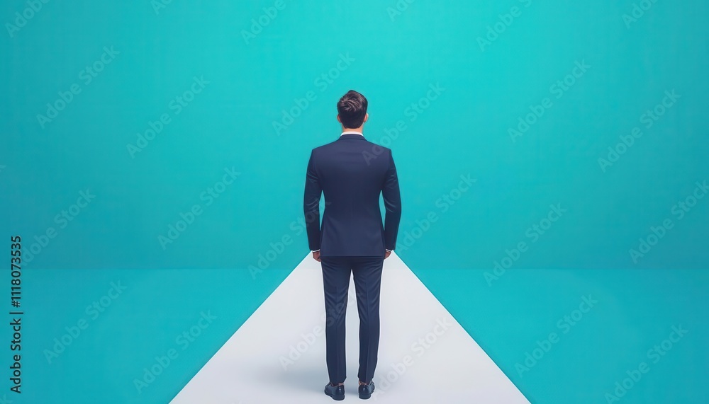 A businessman stands at a crossroads with risk and reward signs, contemplating a financial strategy, decision-making, Risk reward, financial strategy