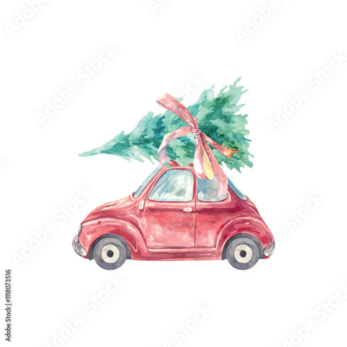 Christmas red car with green Christmas tree in watercolor style. Hand drawn vector illustration isolated on white. For New Year cards, holiday winter banners, invitations, posters.