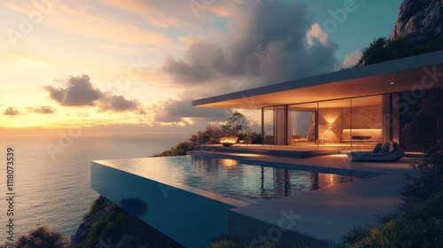 Modern Cliffside Villa with Infinity Pool at Sunset