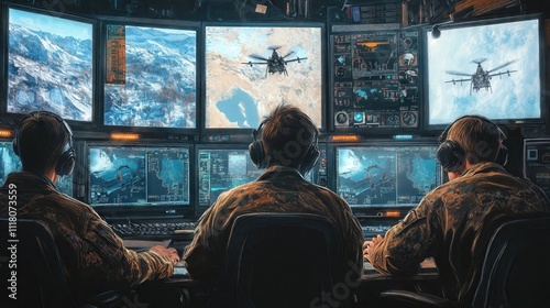 Military drone operators monitoring multiple screens in advanced control room. Digital artwork shows personnel controlling surveillance aircraft over snowy mountain with high-tech interface displays