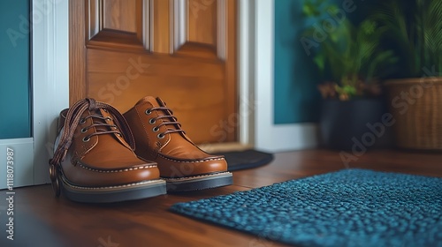 A pair of brown shoes are standing on a blue mat outside a door