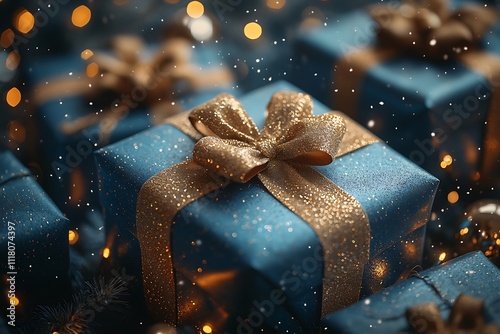 Blue and gold Christmas gifts sparkle under soft, warm lights and gently falling snow, creating a magical holiday atmosphere.