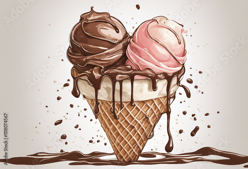 Detailed and artistic illustration of an ice cream cone with two scoops of ice cream. Make the shape look like a heart. photo