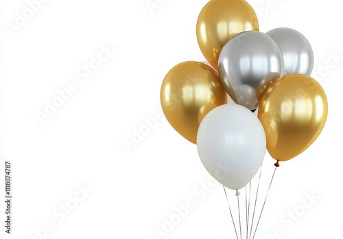 hyper realistic photo of  A festive arrangement of gold and silver balloons on a white background , isolated on white background,  , copy space, copy space for text,