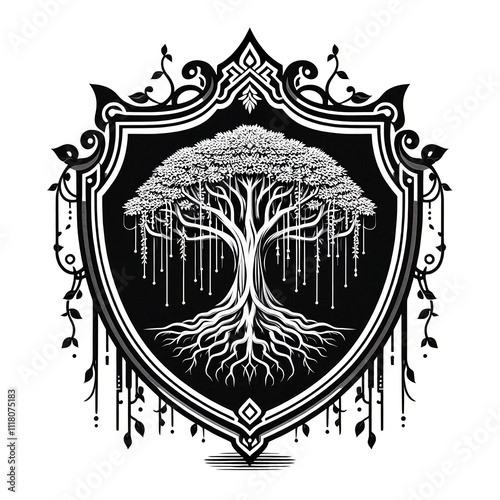 Illustration of a banyan tree with hanging roots and lush foliage, drawn in black and white with a decorative shield-shaped frame.