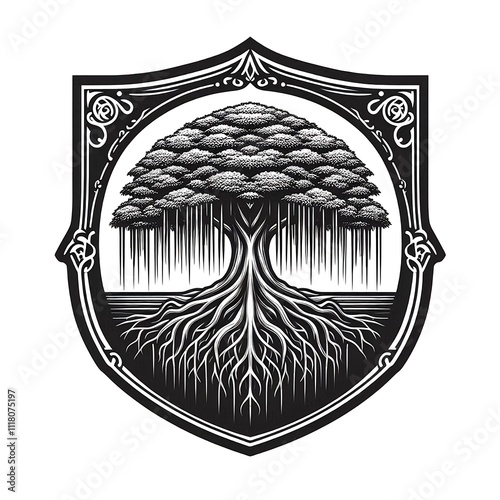 Illustration of a banyan tree with hanging roots and lush foliage, drawn in black and white with a decorative shield-shaped frame.