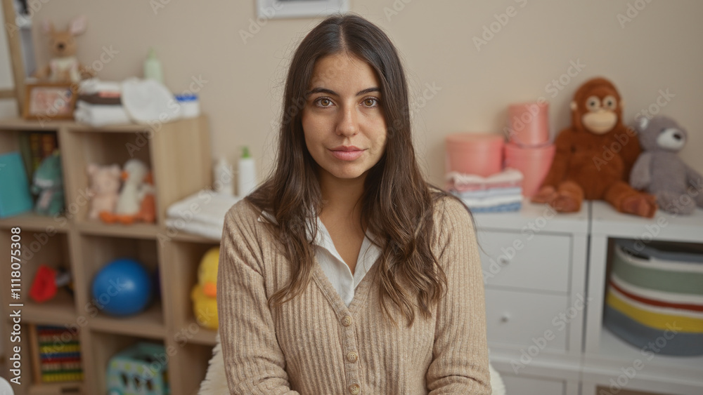 Woman sitting in a cozy bedroom with baby items around, showing a warm smile, brunette hair, hispanic features, surrounded by a cradle, plush toys, and a decorative shelf. Woman sitting in a cozy bedroom with baby items around, showing a warm smile, brunette hair, hispanic features, surrounded by a cradle, plush toys, and a decorative shelf.