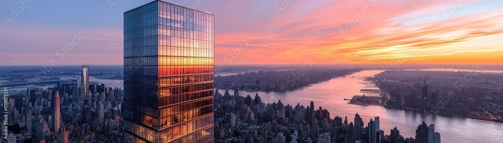 A skyscraper with mirrored windows, reflecting the city around it