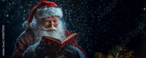 hyper realistic photo of  Santa Claus Reading Wish List In Snowy Night
