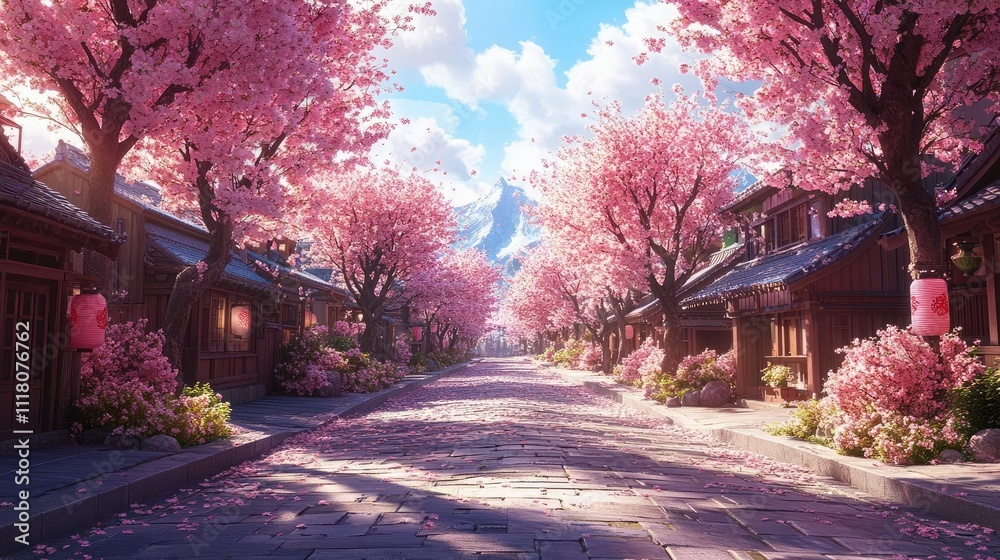 Fototapeta premium A street lined with cherry blossom trees, creating a colorful urban scene