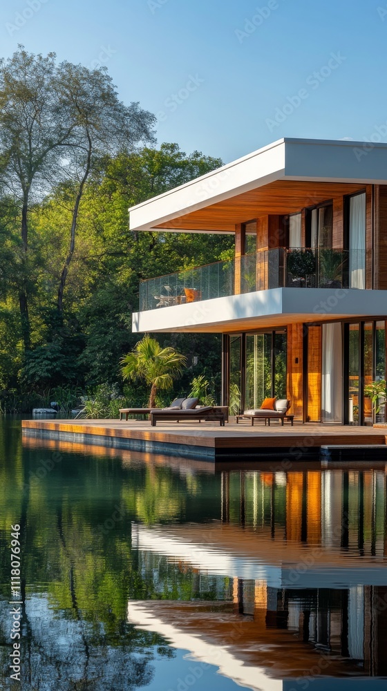 Modern lakeside house with sleek design and tranquil surroundings