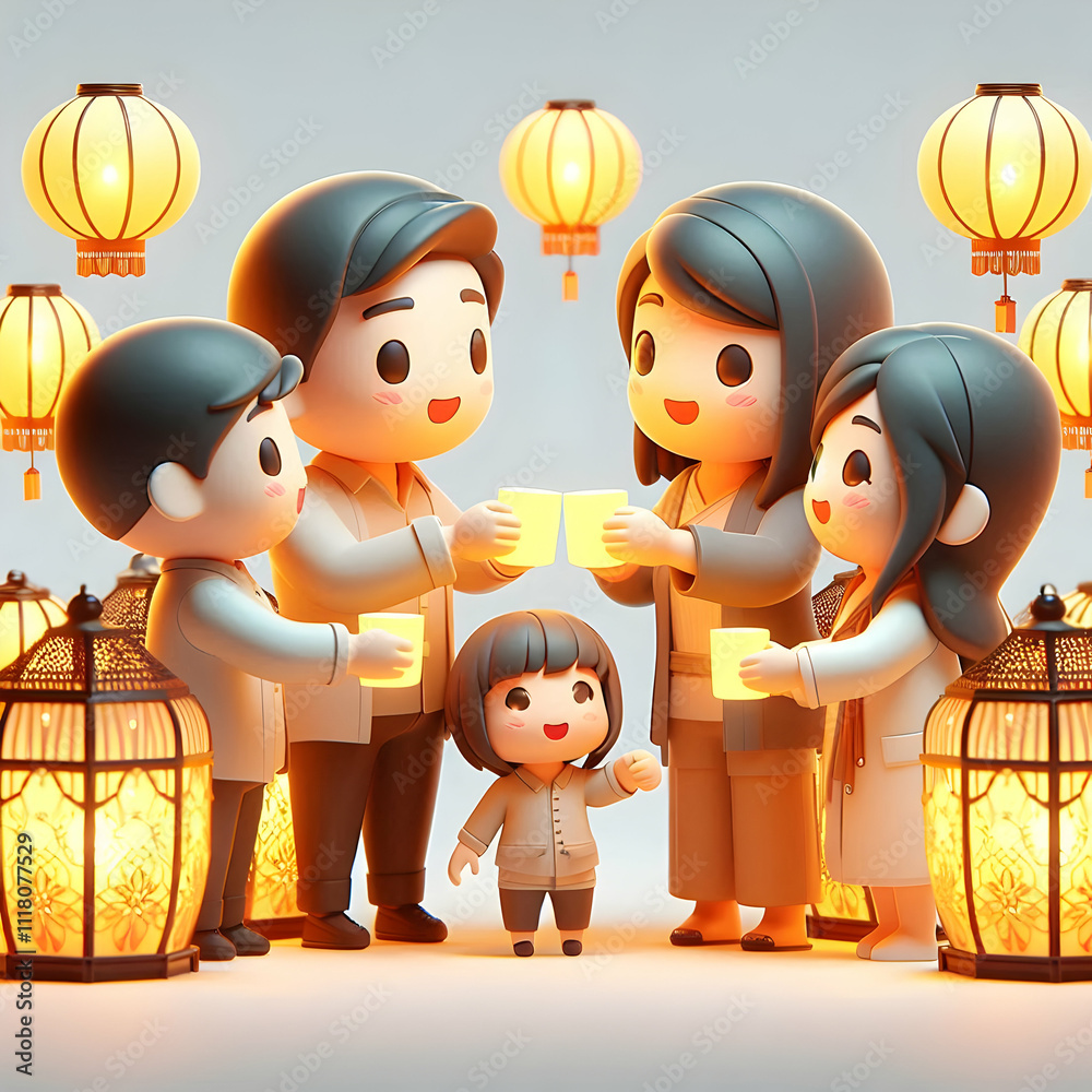 3D Portrait of family sharing a toast with glowing lanterns copy space below. concept as A warm portrait of a family sharing a toast with glowing lanterns in the background symbolizing unity and joy i 3D Portrait of family sharing a toast with glowing lanterns copy space below. concept as A warm portrait of a family sharing a toast with glowing lanterns in the background symbolizing unity and joy i