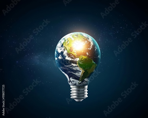 Radiant Light of Innovation. Light bulb shaped like Earth with glowing sun effect.