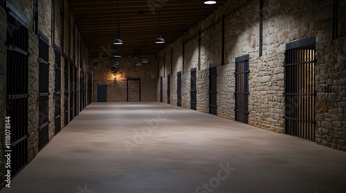 Empty stockade space featuring rugged stone walls and dim lighting, creating a somber atmosphere with a sense of isolation and abandonment in an expansive interior setting.