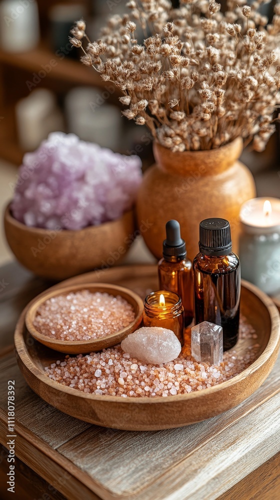 Natural spa arrangement with oils, crystals, and dried flowers Natural spa arrangement with oils, crystals, and dried flowers