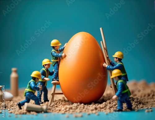 Miniature workers build large pastel orange Easter egg. Construction team pushes giant egg, using small wooden ladders. Cute creative scene in pastel colours. Easter egg building project, with fun, photo