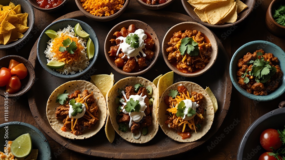 A variety of taco toppings and bowls of chili, rice, and shredded cheese, on a platter A variety of taco toppings and bowls of chili, rice, and shredded cheese, on a platter