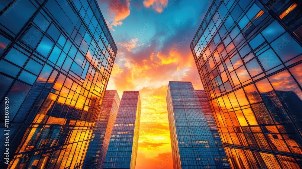 A sunset behind a line of skyscrapers, with glowing windows A sunset behind a line of skyscrapers, with glowing windows