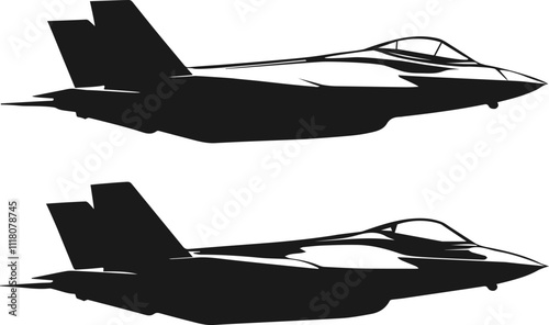 Two realistic silhouettes of the F-35 aircraft in black with different views of the cockpit icon.