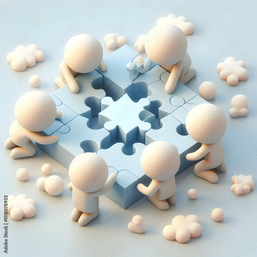 Obraz premium 3D Soft abstract digital art with team members solving puzzle copy space below. concept as Team members solving a puzzle on a soft abstract digital art background representing collaboration and proble