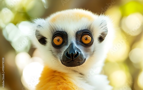 Close-up portrait of a white-footed sifaka lemur with large orange eyes looking directly at the camera. photo