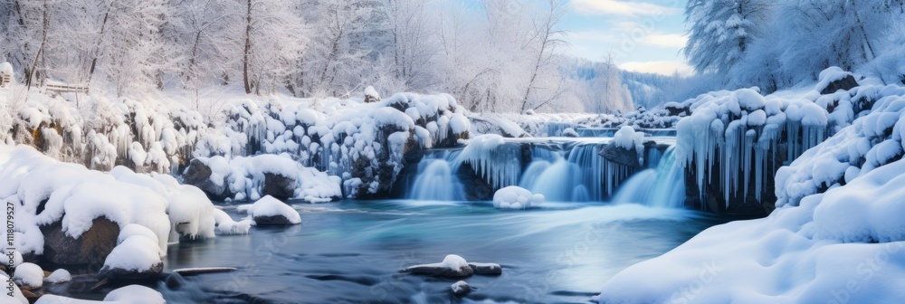 A serene winter landscape showcasing a frozen river bordered by snow-laden trees with a clear blue sky in the background, capturing the tranquility of a cold, silent morning. A serene winter landscape showcasing a frozen river bordered by snow-laden trees with a clear blue sky in the background, capturing the tranquility of a cold, silent morning.