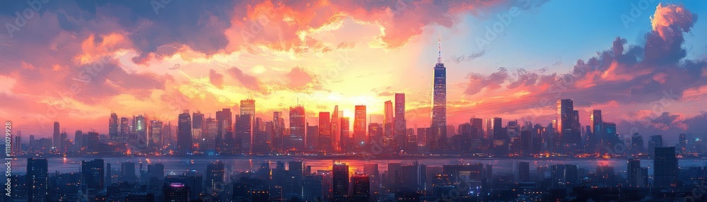A sunset reflecting off glass skyscrapers, creating a glowing skyline A sunset reflecting off glass skyscrapers, creating a glowing skyline