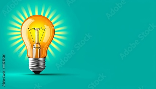 Radiant Light of Innovation. Bright light bulb with rays on a turquoise background.
