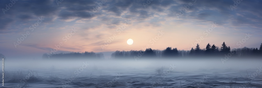 A Serene Winter Sunrise Over a Misty Landscape with Snow-Covered Ground and Silhouetted Trees Enhancing the Natural Beauty of the Morning Sky A Serene Winter Sunrise Over a Misty Landscape with Snow-Covered Ground and Silhouetted Trees Enhancing the Natural Beauty of the Morning Sky