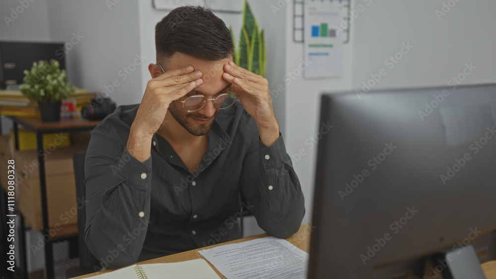 Handsome young hispanic man with beard working in an indoor office, visibly stressed while looking at documents on his desk. Handsome young hispanic man with beard working in an indoor office, visibly stressed while looking at documents on his desk.
