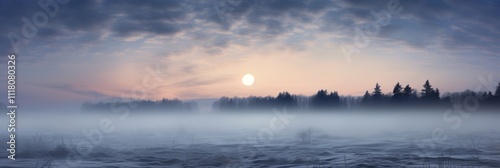 A Serene Winter Sunrise Over a Misty Landscape with Snow-Covered Ground and Silhouetted Trees Enhancing the Natural Beauty of the Morning Sky