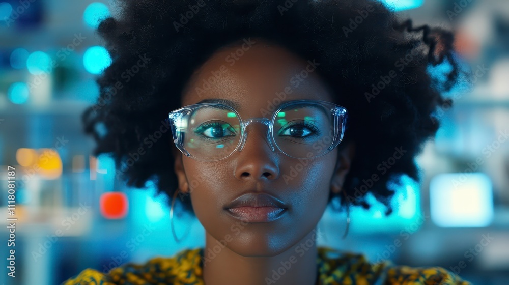 Confident Black Woman in Clear Glasses Tech Workplace Portrait Confident Black Woman in Clear Glasses Tech Workplace Portrait