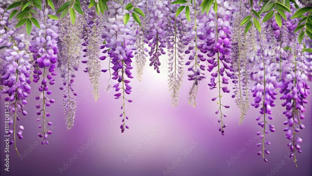 Naklejka premium Beautiful wisteria blossoms creating a serene ambiance in a nature setting floral artwork soft purple tones