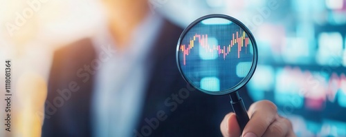 Investor looking through a magnifying glass at complex graphs, balancing risk and reward in market strategy, Risk reward, financial strategy