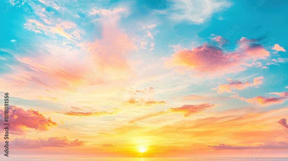 Obraz premium A vibrant sunset with colorful clouds illuminating the sky, blending shades of orange, pink, and blue over a tranquil horizon.