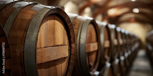 Rows of barrels lined up in a cellar, highlighting the rich textures of wood and metal craftsmanship. photo